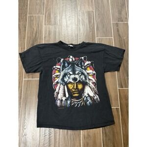Vintage Brazos Sportswear American Indian Wolf Black T-Shirt Size XL